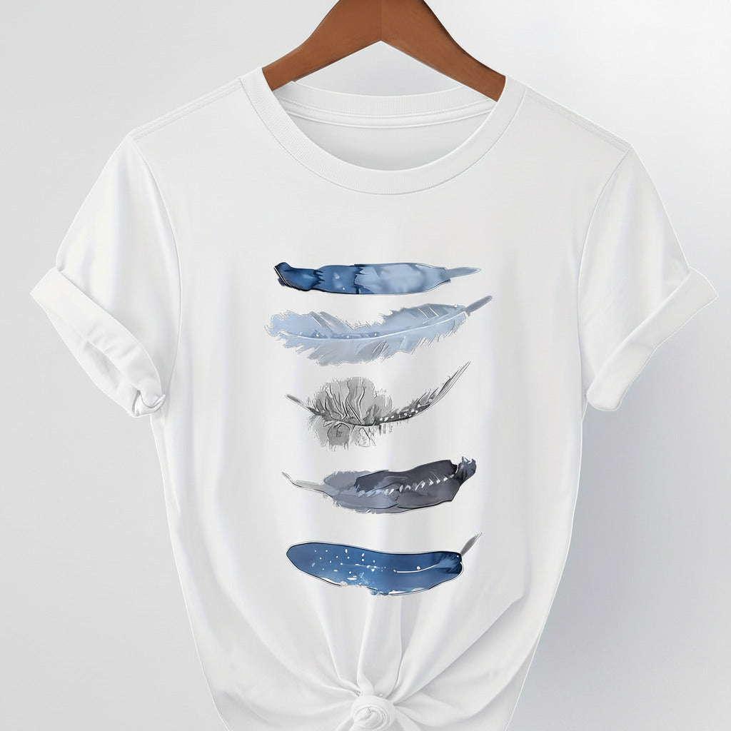 White t-shirt with feather design on a hanger