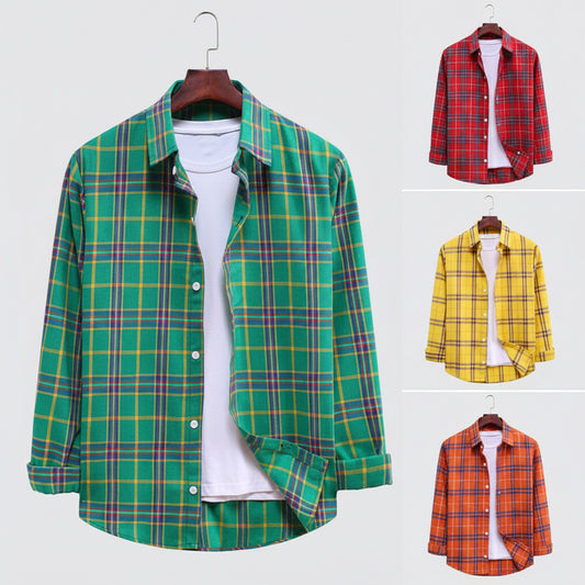 Four plaid shirts in different colors on hangers against a white background.